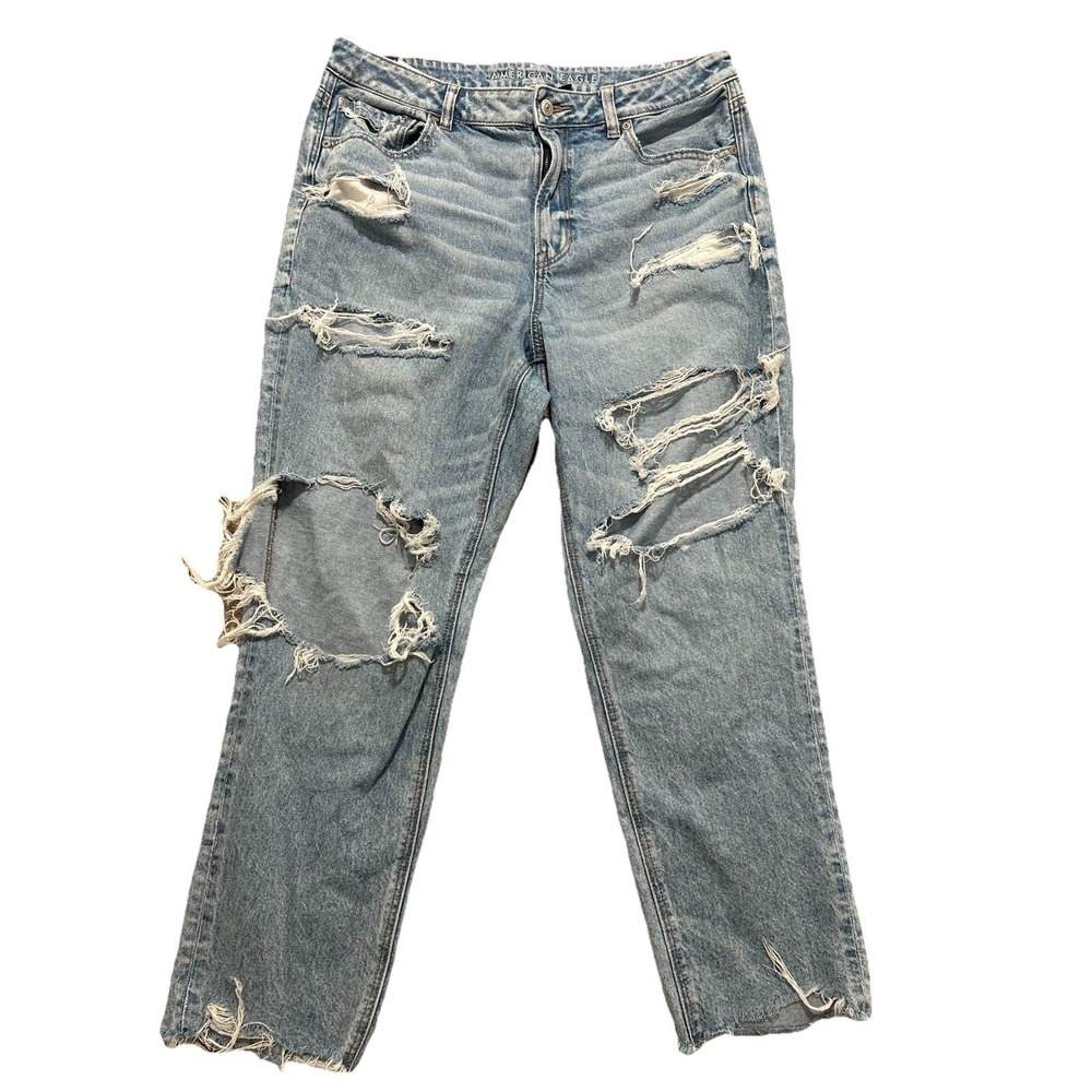 American Eagle Mom Jeans Women's 14 Short Medium Wash Blue Denim Distressed Y2K